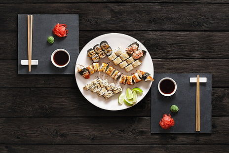 палочки, соус, суши, роллы, имбирь, набор, васаби, японская еда, HD обои HD wallpaper