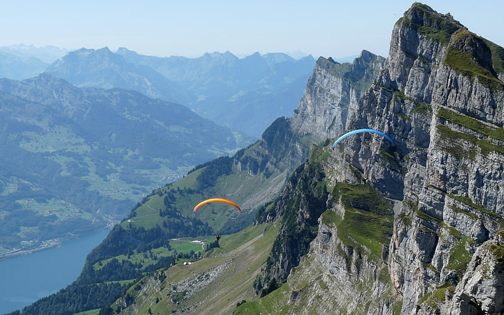 Swiss Alps, Alps, Switzerland, montains, paragliders, HD wallpaper