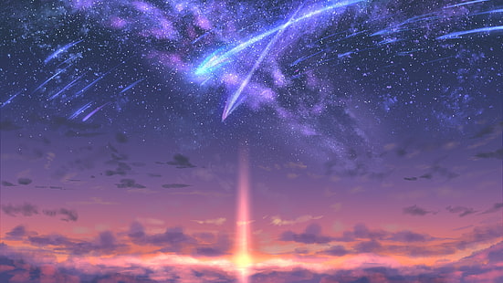 carta da parati galassia multicolore, meteore, spazio, tramonto, nuvole, stelle, galassia, opera d'arte, cielo, Kimi no Na Wa, Sfondo HD HD wallpaper
