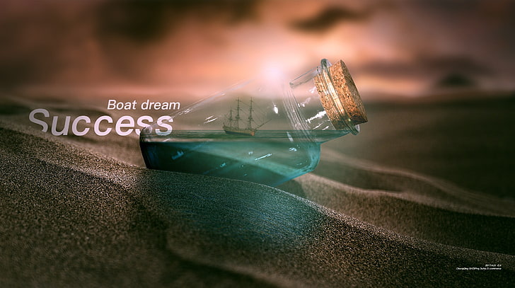 прозрачная бутылка с надписью «Мечта о лодке», «Пневматическое дыхание жизни», сумерки, надежда, корабль в бутылке, цифровое искусство, песок, бутылки, типография, 2017 (год), природа, HD обои