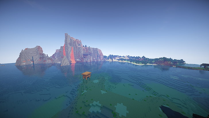 Skärmdump av Minecraft-applikation, Minecraft, lava, vatten, Sol, hav, berg, HD tapet