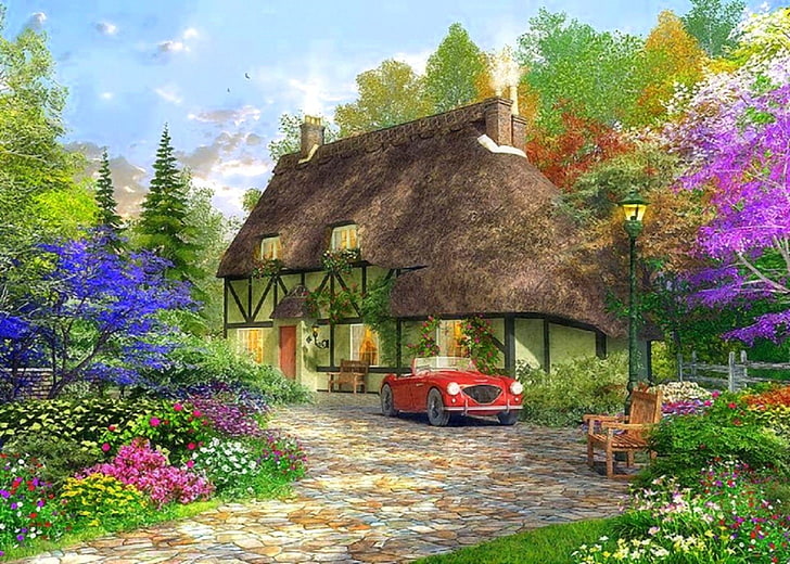 Artistic, House, Car, Cottage, Flower, Painting, Spring, Tree, HD wallpaper