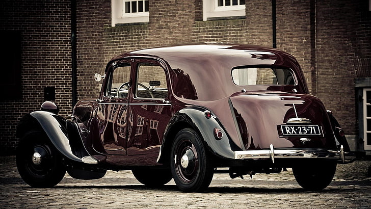 vintage maroon sedan, old car, HD wallpaper