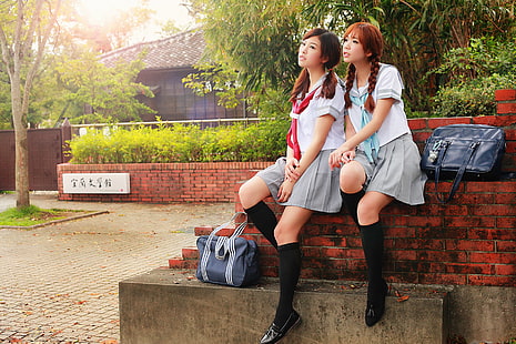 Азиатка, женщины, модель, школьница, рыжая, школьная форма, HD обои HD wallpaper