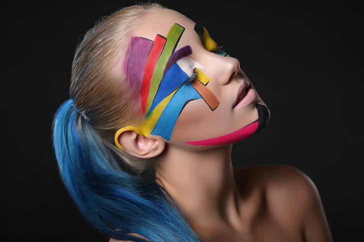 women, dyed hair, closed eyes, face, body paint, ponytail, HD wallpaper