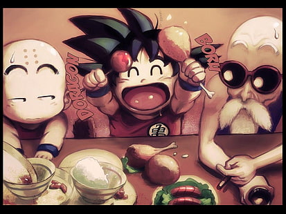 ภาพประกอบ Goku, Krillin และ Master Roshi, ทีวี, มังกร, ดราก้อนบอล, อาหาร, วอลล์เปเปอร์ HD HD wallpaper