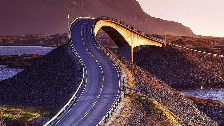 road, norway, infrastructure, sky, atlantic ocean road, highway, bridge, evening, atlantic road, storseisundet bridge, HD wallpaper