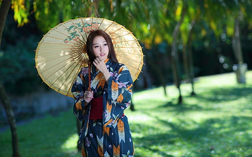 Азиатско момиче, чадър, рокля в ретро стил, азиатски, момиче, чадър, ретро, ​​стил, рокля, HD тапет HD wallpaper