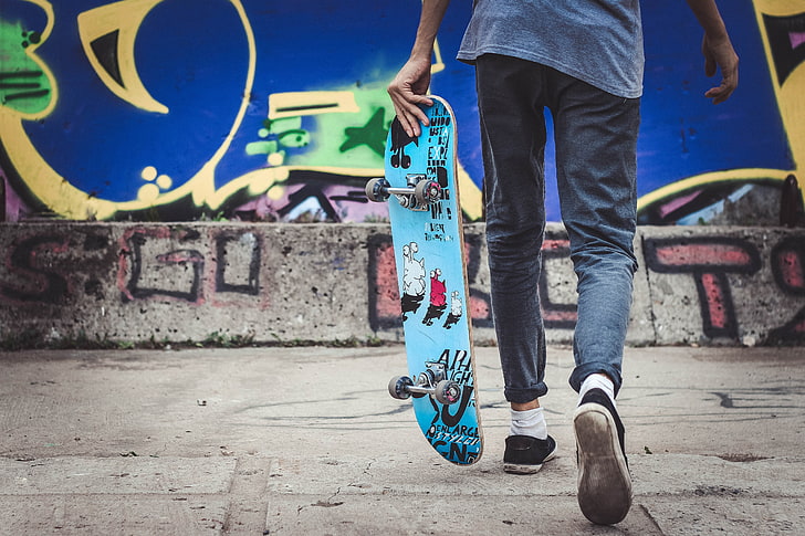 skateboard biru, skateboard, pemain skateboard, hobi, Wallpaper HD
