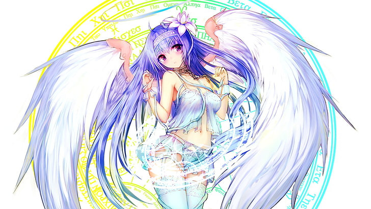 personnage d'anime féminin aile bleue, filles anime, anime, cheveux violets, cheveux longs, hauts de cuisse, ailes, yeux violets, personnages originaux, ange, Fond d'écran HD