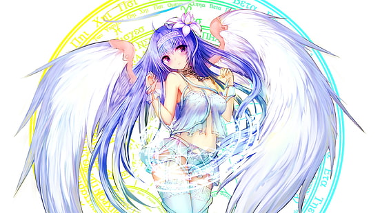 personnage d'anime féminin aile bleue, filles anime, anime, cheveux violets, cheveux longs, hauts de cuisse, ailes, yeux violets, personnages originaux, ange, Fond d'écran HD HD wallpaper