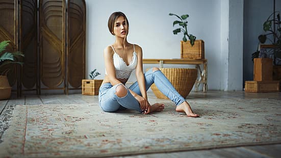 ragazza, jeans, seduta, Sergey Fat, Anastasia Lis, Sergey Zhirnov, Sfondo HD HD wallpaper