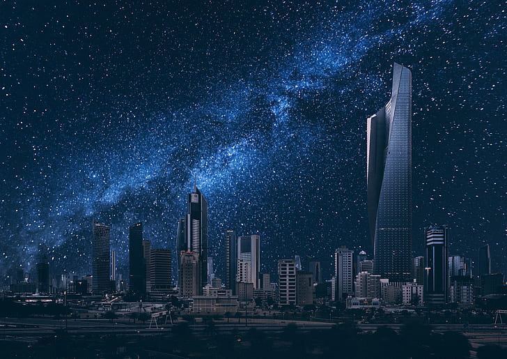 здания, город, Кувейт, ночь, небо, звёзды, HD обои