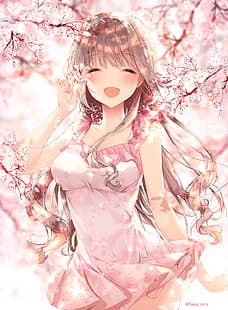 аниме девушки, цветение вишни, улыбка, Тая Око, HD обои HD wallpaper