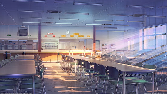 edifício anime, refeitório da escola, luz do sol, janelas, obras de arte, cênica, anime, HD papel de parede HD wallpaper