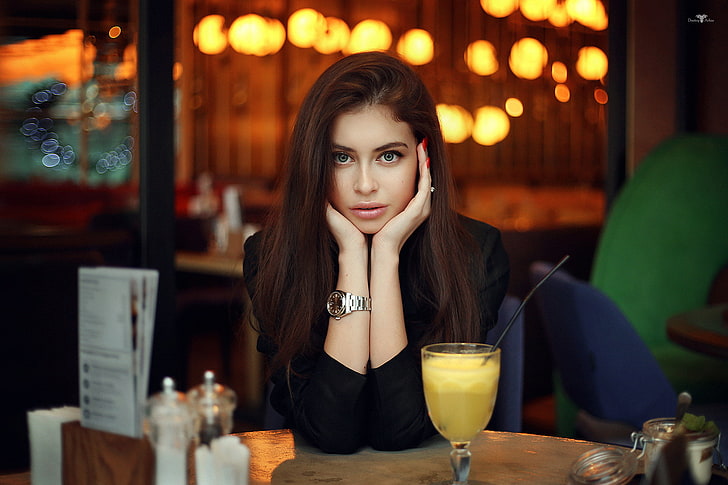 women, portrait, depth of field, red nails, table, cocktail, Dmitry Arhar, brunette, long hair, Alina, cafeteria, HD wallpaper