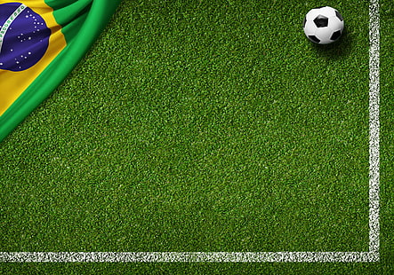 緑の草とサッカーボール、草、芝生、緑、ボール、サッカー、フラグ、サッカー場、ワールドカップ、ブラジル、FIFA、2014年、ブラジルの旗、 HDデスクトップの壁紙 HD wallpaper