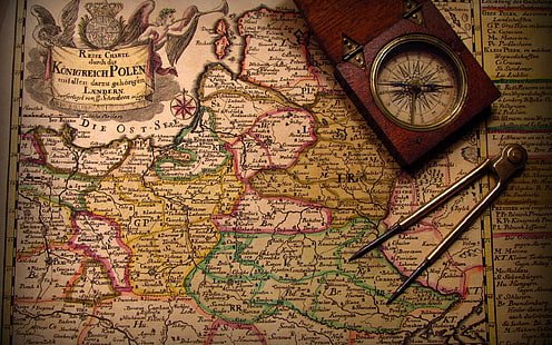 Vintage mapa, srebrny kompas do rysowania i brązowy kompas z drewnianą ramką, kompas, fotografia, 2560x1600, kompas, Tapety HD HD wallpaper