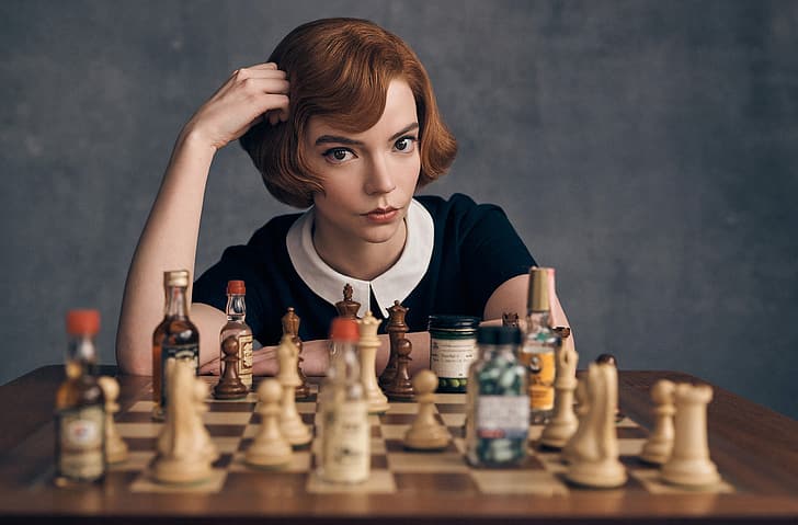Anya Taylor-Joy, Frauen, Schauspielerin, TV-Serie, Schach, The Queen's Gambit, Whisky, Pillen, Sitzen, Rothaarige, Frauen drinnen, HD-Hintergrundbild