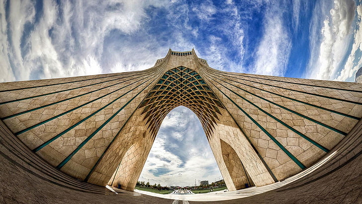 이란, 탑, 건축물, 아자 디 타워, 하늘, 경계표, 구름, 아치, 대칭, 건물, 역사적 장소, 기념물, 테헤란, HD 배경 화면