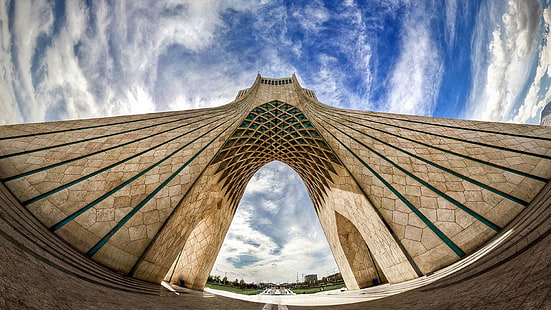 Iran, Turm, Architektur, Azadi Turm, Himmel, Wahrzeichen, Wolke, Bogen, Symmetrie, Gebäude, historische Stätte, Denkmal, Teheran, HD-Hintergrundbild HD wallpaper