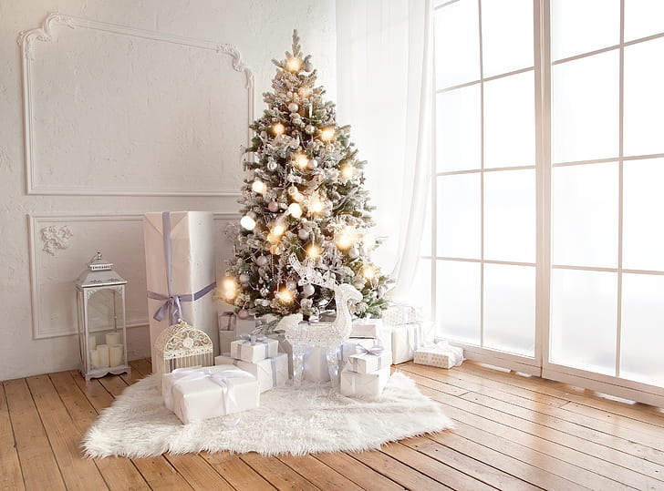 dekoration, leksaker, träd, nyår, jul, gåvor, vit, design, god jul, jul, interiör, hem, julgran, helgfest, HD tapet
