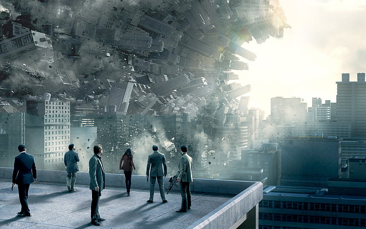 application de jeu vidéo, personnes debout au sommet d'un bâtiment près de bâtiments en train de tomber sur un papier peint numérique, Inception, cinéma, art numérique, science-fiction, paysage urbain, 2010 (Année), Fond d'écran HD
