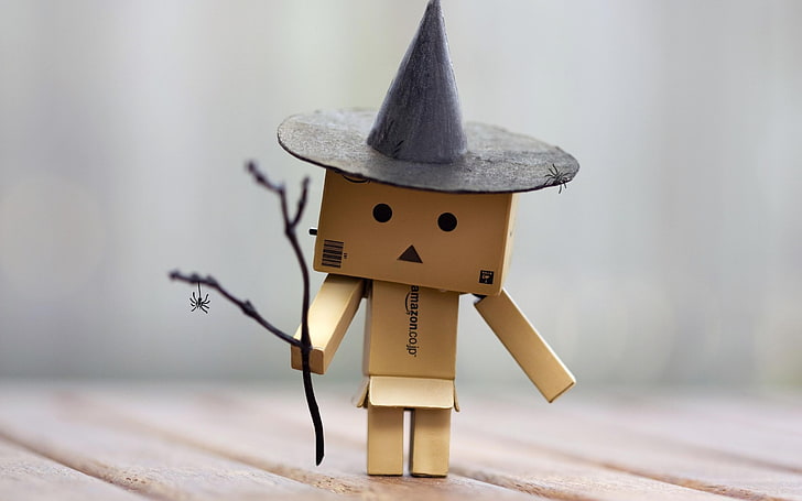 witch, hat, twigs, wooden surface, Danbo, HD wallpaper