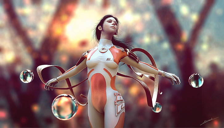 bodysuit putih dan oranye wanita, render, CGI, bodysuit, Wallpaper HD