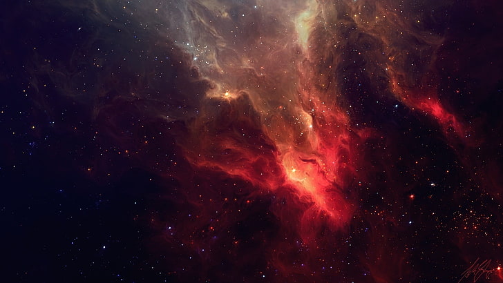 rote und graue Galaxie, Raum, Nebel, Raumkunst, TylerCreatesWorlds, 3D, digitale Kunst, Sterne, HD-Hintergrundbild