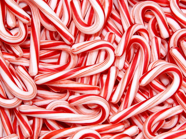 قصب حلوى باللونين الأحمر والأبيض ، عيد الميلاد ، سانتا ، مصاصات، خلفية HD