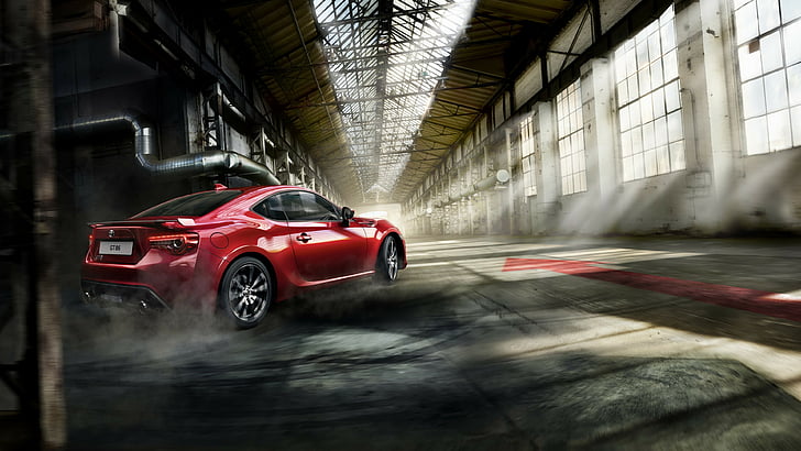 red coupe running inside warehouse during daytime, Toyota GT 86, sport cars, red, coupe, HD wallpaper