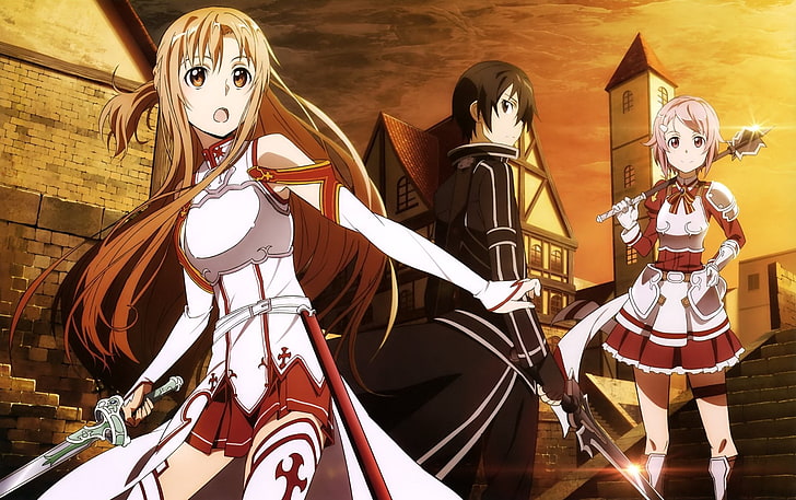 Sword Art Online, Asuna Yuuki, Kirito (Sword Art Online), Lisbeth (Sword Art Online), HD tapet