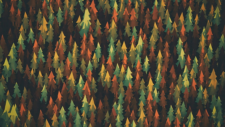 ilustração de pinheiros verdes e marrons, campo de arte de árvores verdes e marrons, floresta, natureza, outono, arte digital, HD papel de parede