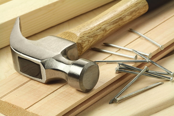 black and brown handle hammer, hammer, nails, wood, HD wallpaper