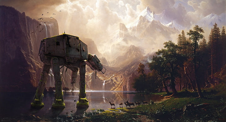 illustrazione di robot marrone, Star Wars, fantascienza, opere d'arte, AT-AT, natura, fumetto, arte digitale, tra le montagne della Sierra Nevada, Albert Bierstadt, Sfondo HD