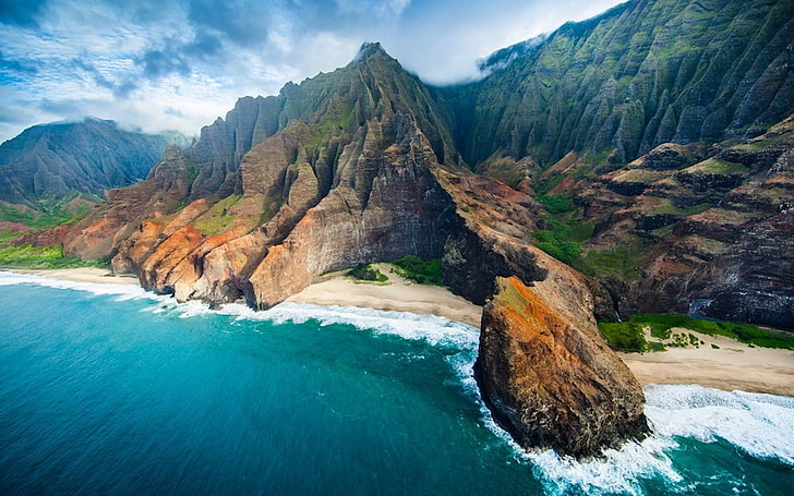 costa, sabbia, spiaggia, veduta aerea, nuvole, Kauai, isola, montagne, paesaggio, scogliera, natura, mare, roccia, Sfondo HD