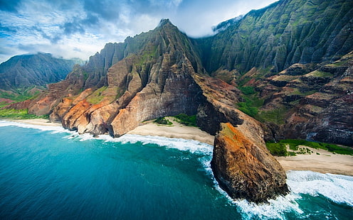 побережье, песок, пляж, вид с воздуха, облака, Кауаи, остров, горы, пейзаж, скалы, природа, море, скалы, HD обои HD wallpaper