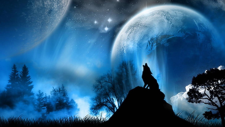 wolf, fantasy art, animals, planet, space art, space, sky, HD wallpaper