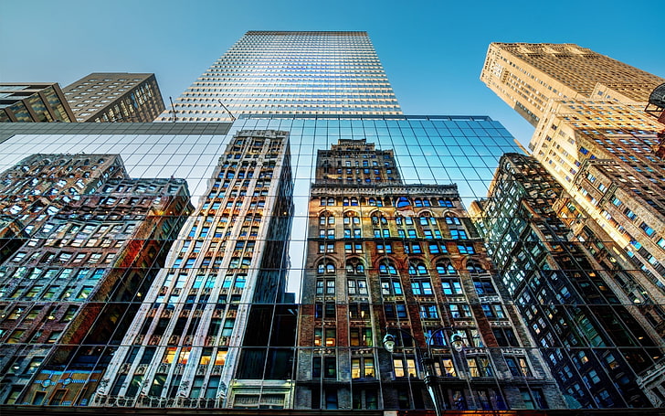 graue und braune Gebäude, Stadtbild, Stadt, HDR, Gebäude, Wolkenkratzer, Reflexion, Architektur, Wurmperspektive, New York City, HD-Hintergrundbild
