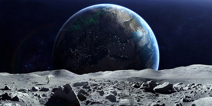 Ciencia ficción, Astronauta, Tierra, Desde el espacio, Luna, Planeta, Espacio, Fondo de pantalla HD