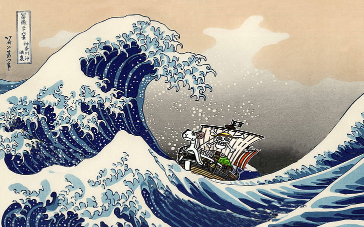One Piece Great Wave Off Kanagawa ilustrasi, One Piece, Monkey D. Luffy, Hokusai, ombak, The Great Wave off Kanagawa, anime, Wallpaper HD