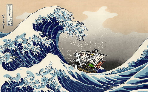 One Piece Great Wave Off Kanagawa illustrazione, One Piece, Monkey D. Luffy, Hokusai, onde, The Great Wave off Kanagawa, anime, Sfondo HD HD wallpaper