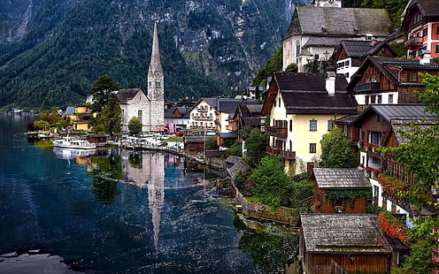 منزل مطلي باللون الأبيض ، هالستات ، النمسا ، بحيرة هالستات ، جبال الألب، خلفية HD HD wallpaper