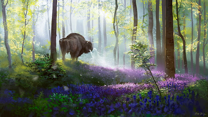 forest, nature, spirit, fantasy, art, Buffalo, Alex Shiga, Bison's daydream, HD wallpaper