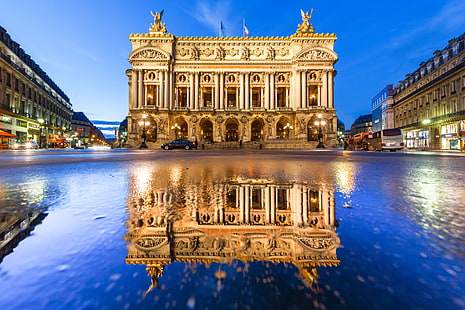 отражение, Франция, Париж, сградата, Опера Гарние, Пале Гарние, Гранд опера, Парижката опера, HD тапет HD wallpaper