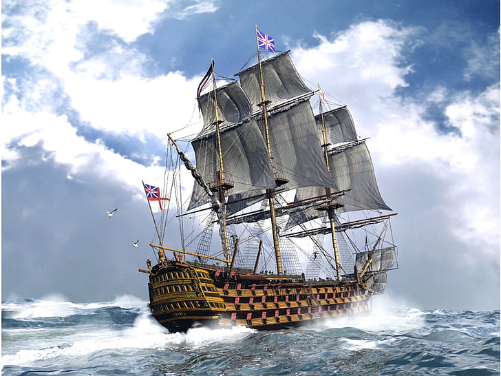 brown and white galleon ship, England, sailing ship, sea, man-of-war, Manowar, ship, clouds, vehicle, artwork, HD wallpaper