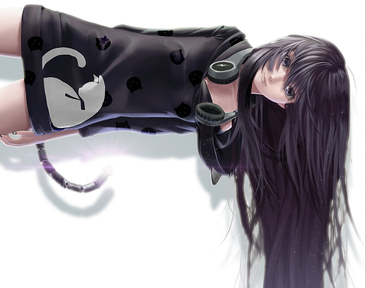 black haired anime girl illustration, cat, girl, hair, anime, headphones, art, tail, lepus, HD wallpaper