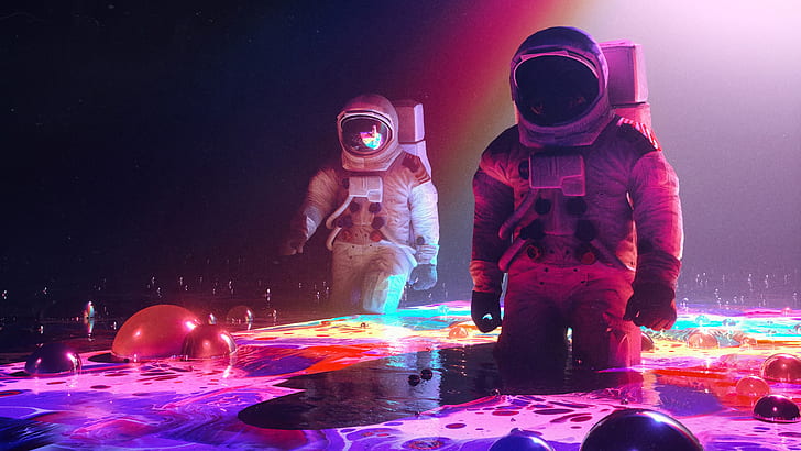 Retrowave, испарение, 90-е, 1980-е, произведение искусства, космонавт, темнота, жидкость, пузырь, отражение, огни, HD обои