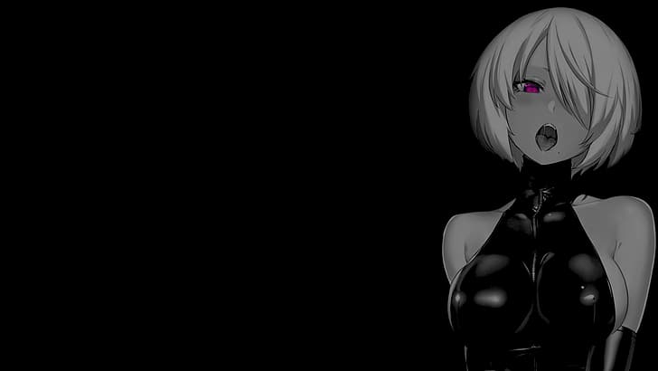 latar belakang hitam, latar belakang gelap, pewarnaan selektif, latar belakang sederhana, gadis anime, rambut di atas satu mata, mulut terbuka, Wallpaper HD